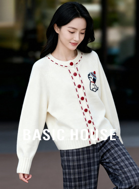 Basic House/百家好小狗刺绣单排扣开衫针织女冬圆领甜美减龄毛衣