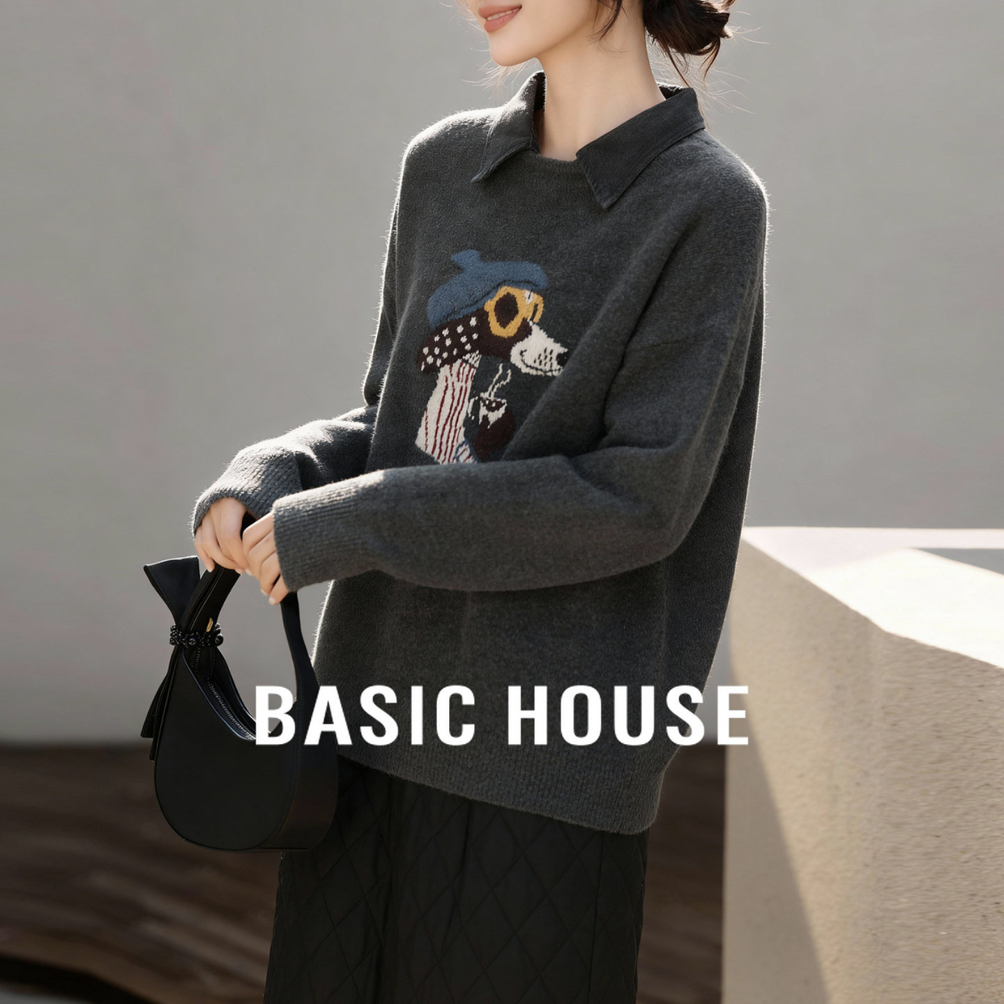 Basic House/百家好翻领卡通小狗毛衣女冬深灰色宽松趣味刺绣上衣