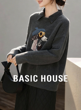 Basic House/百家好翻领卡通小狗毛衣女冬深灰色宽松趣味刺绣上衣