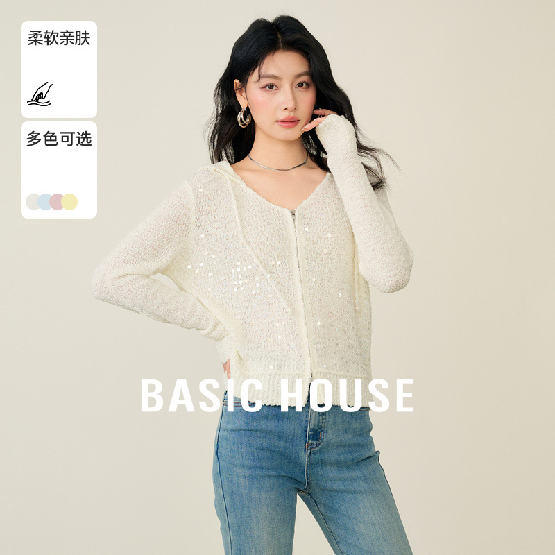 Basic House/百家好连帽重工亮片针织衫春季新款双头拉链开衫上衣