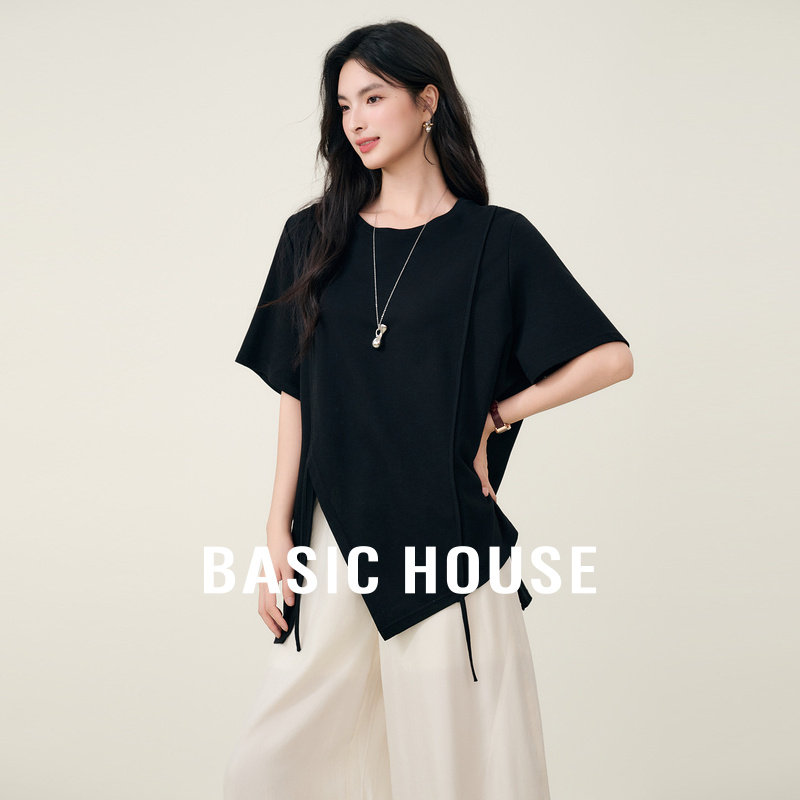 Basic House/百家好开衩下摆纯色短袖T恤女夏季新款套头圆领上衣