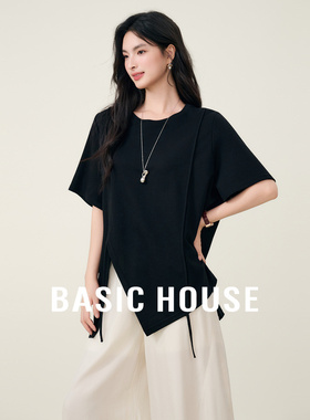 Basic House/百家好开衩下摆纯色短袖T恤女夏季新款套头圆领上衣