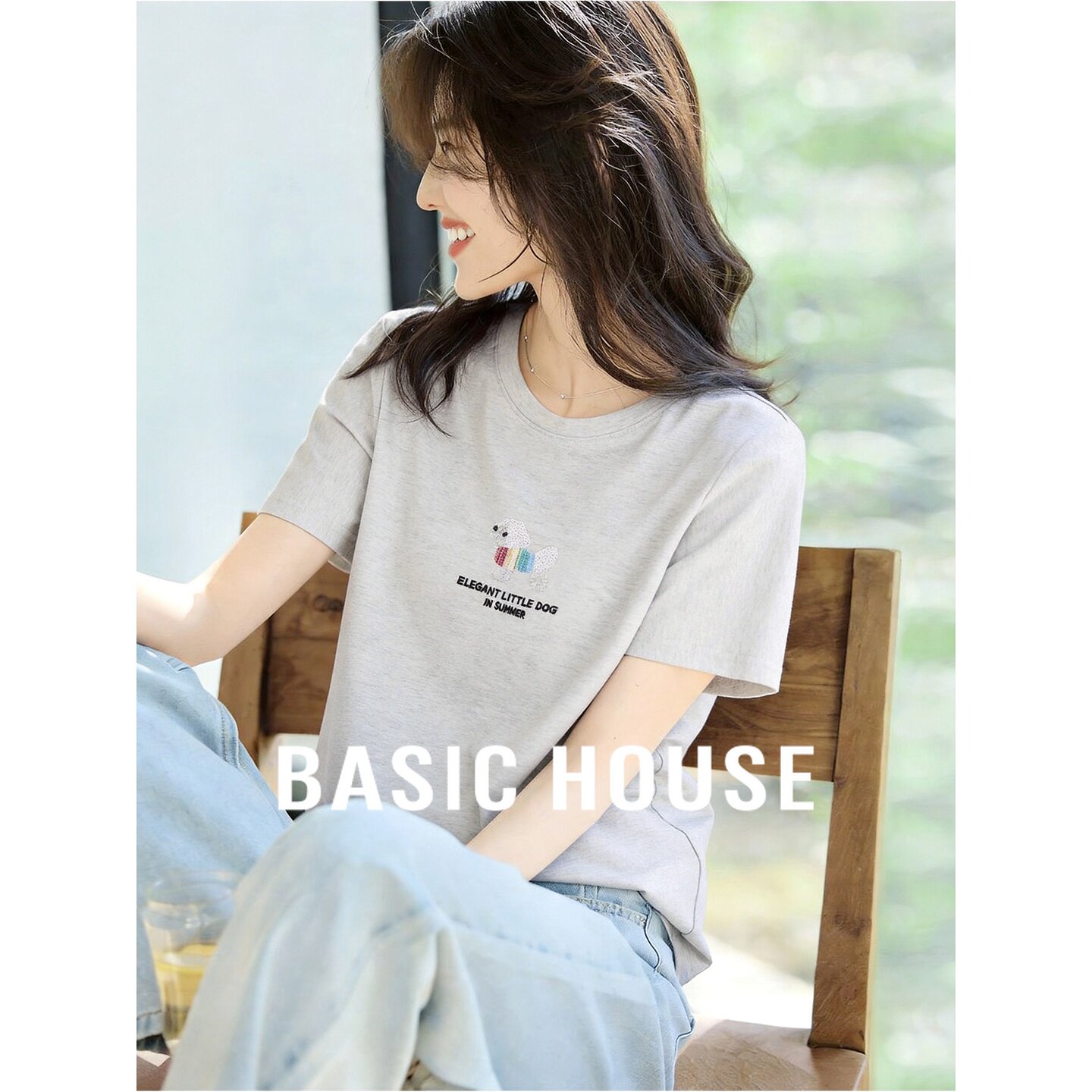 Basic House/百家好立体小狗刺绣短袖T恤26夏季新款舒适减龄上衣