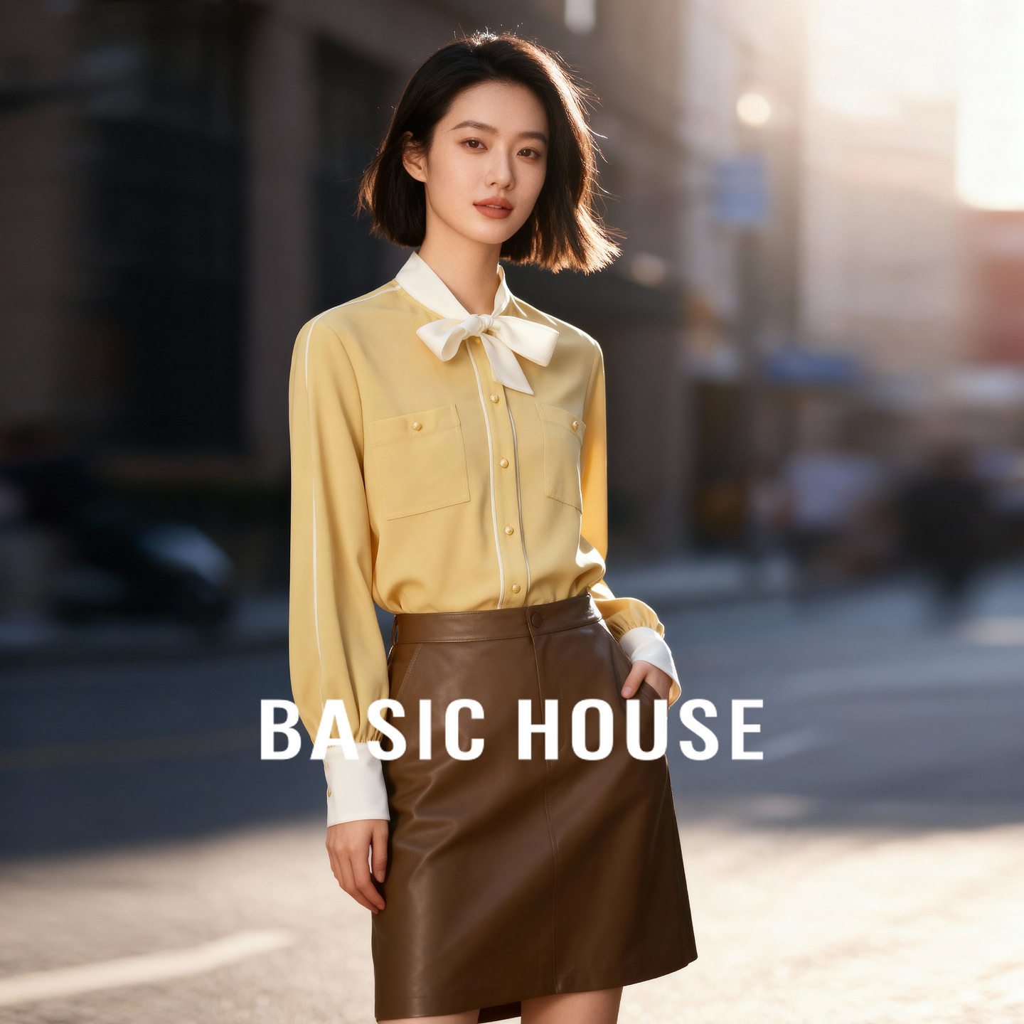 Basic House/百家好温柔气质飘带衬衫2025秋季撞色灯笼袖修身上衣
