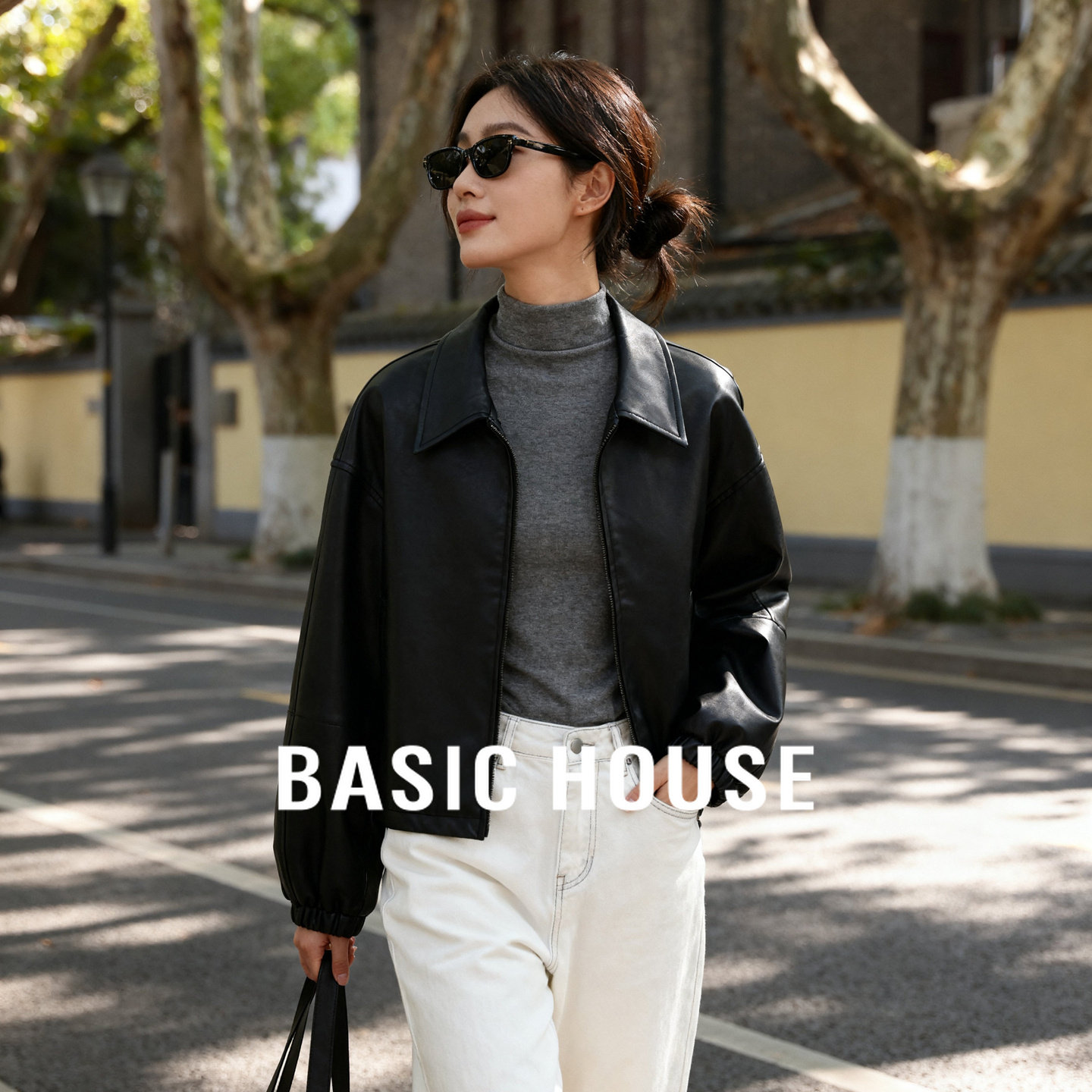 Basic House/百家好黑色翻领皮夹克25秋季袖口抽绳设计宽松短外套