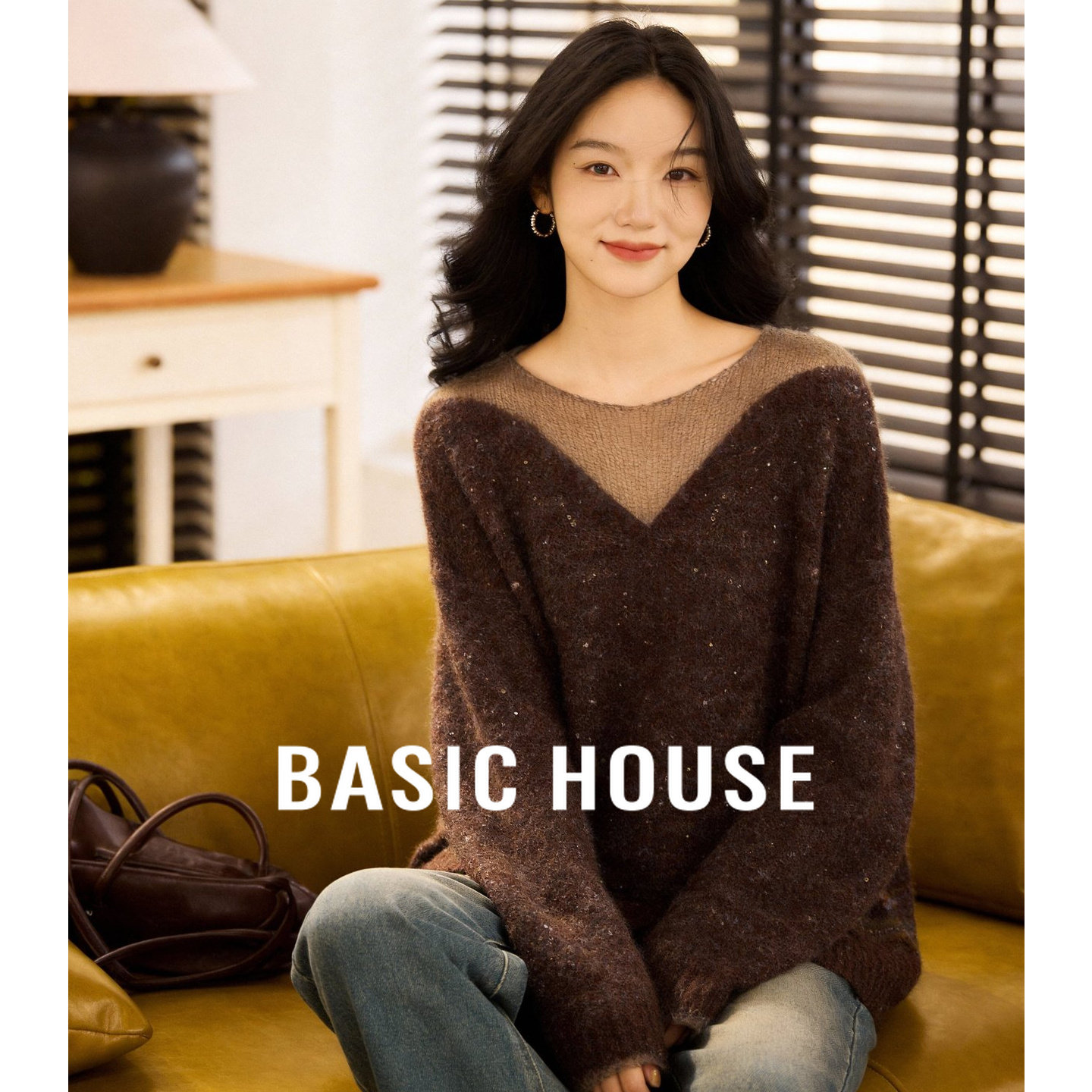 Basic House细闪渐变假两件V领羊毛衫279.9元