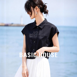 女翻领纽扣高级感通勤无袖 Basic 衬衫 百家好连肩短袖 衬衣 House