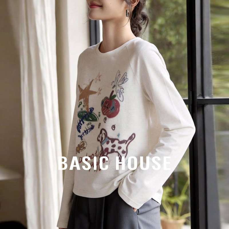 Basic House/百家好可爱小狗图案T恤女冬季新款休闲打底长袖上衣,女装/女士精品,T恤,淘宝优惠券,粉丝福利购,淘宝优惠卷