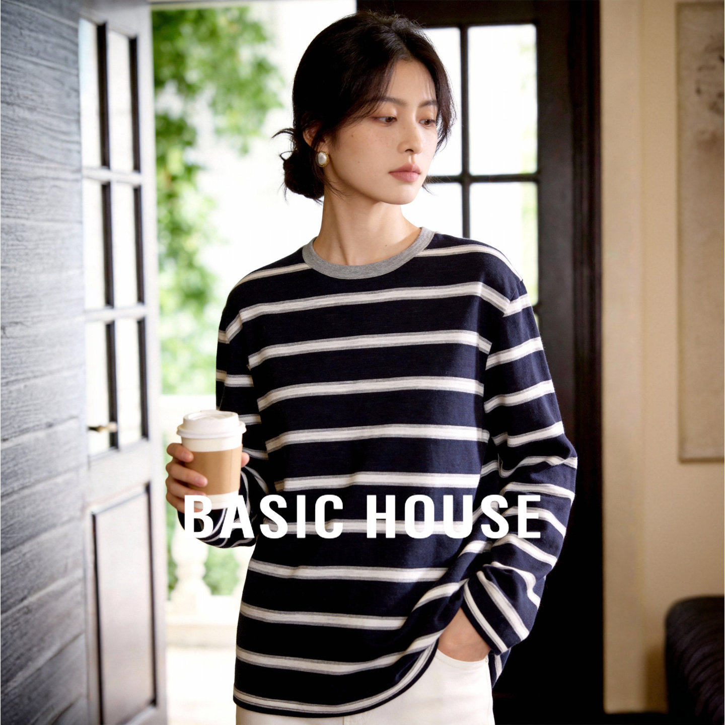 百家好复古黑白条纹长袖T恤春季新款宽松休闲慵懒风撞色圆领上衣