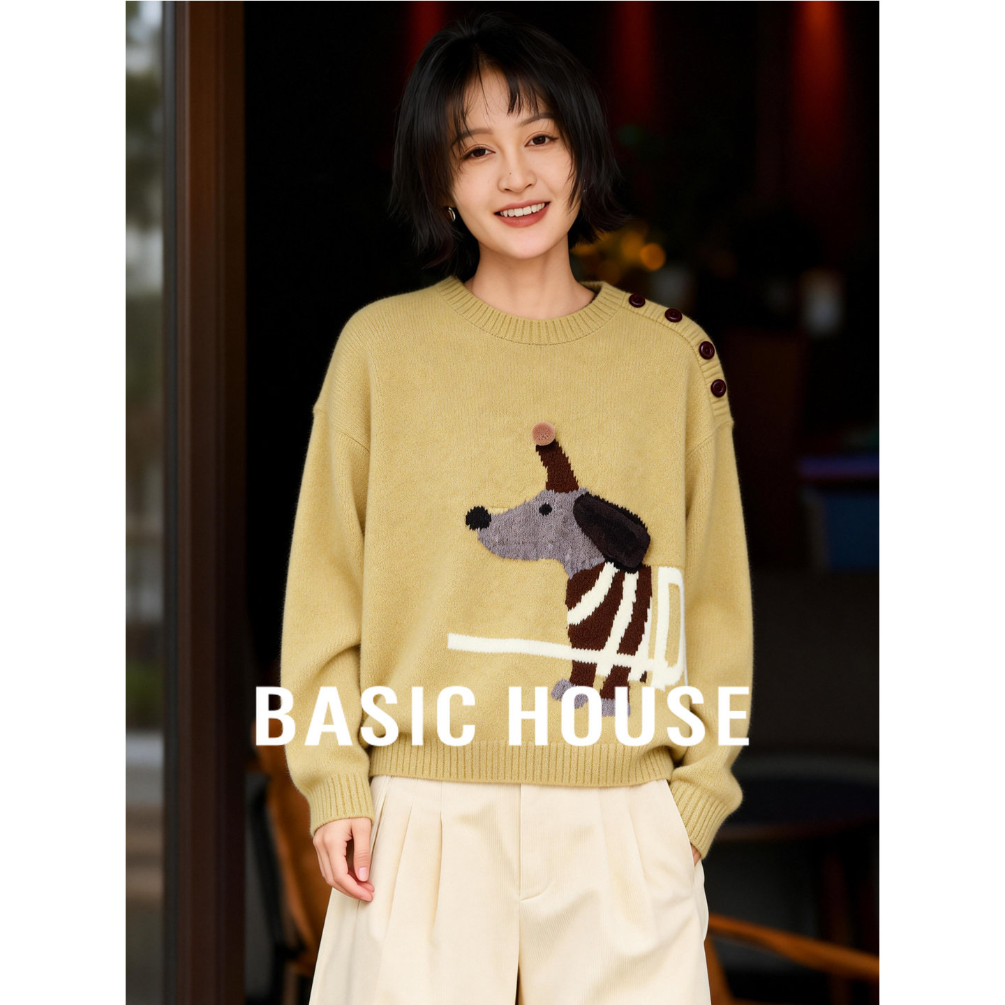 Basic House/百家好小狗印花圆领针织毛衣女冬季新款童趣图案上衣