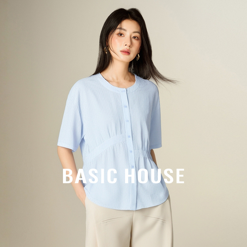 Basic House/百家好纯色不规则收腰衬衫秋季新款小众半袖上衣2025