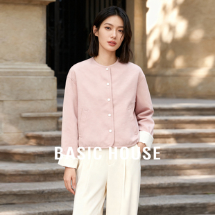 Basic House/百家好拼色双面穿短款外套秋冬新款粉色圆领宽松上衣