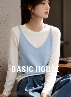 Basic House/百家好V领背心针织衫女春季圆领白色打底衫叠穿上衣