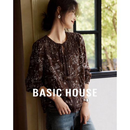 Basic House/百家好复古咖色碎花长袖衬衫女春季新款休闲内搭上衣