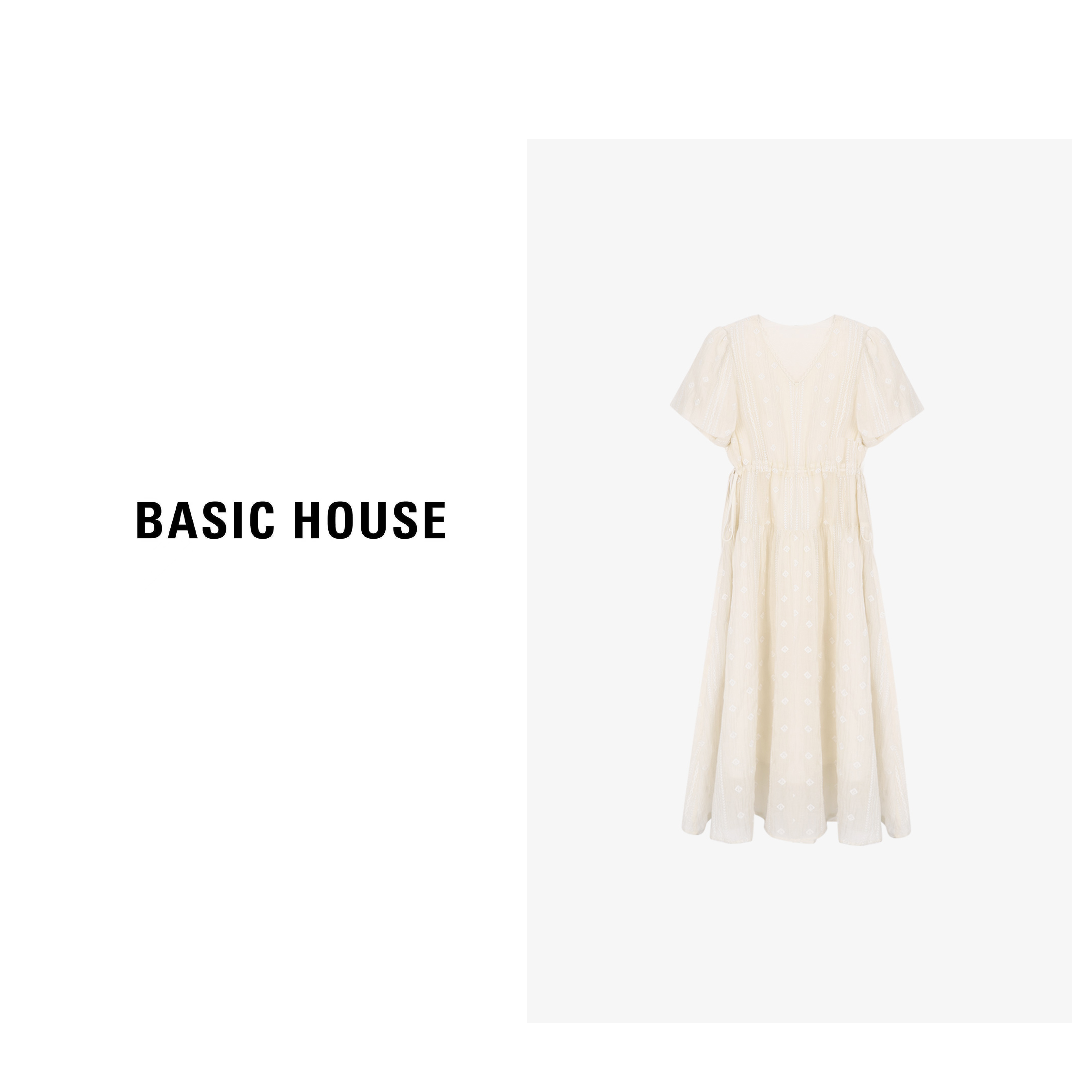 Basic House/百家好莱赛尔米色夏日休闲刺绣设计优雅短袖连衣裙女