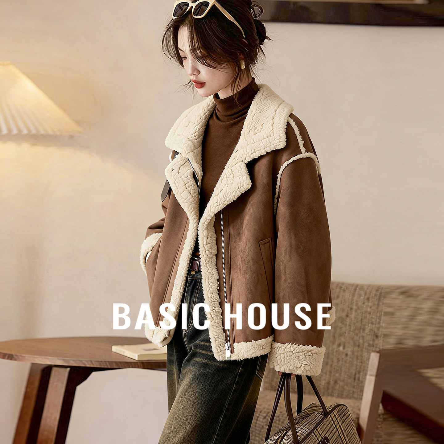 Basic House/百家好立领短款咖色皮毛一体外套女秋冬加厚保暖上衣,女装/女士精品,短外套,淘宝优惠券,粉丝福利购,淘宝优惠卷