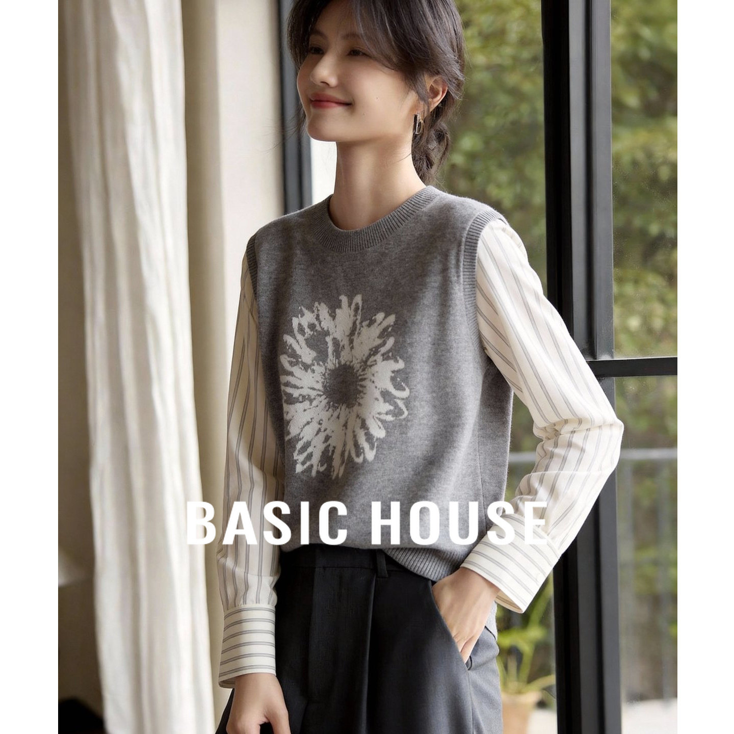 Basic House/百家好绵羊毛假两件刺绣针织衫春季撞色拼接圆领上衣