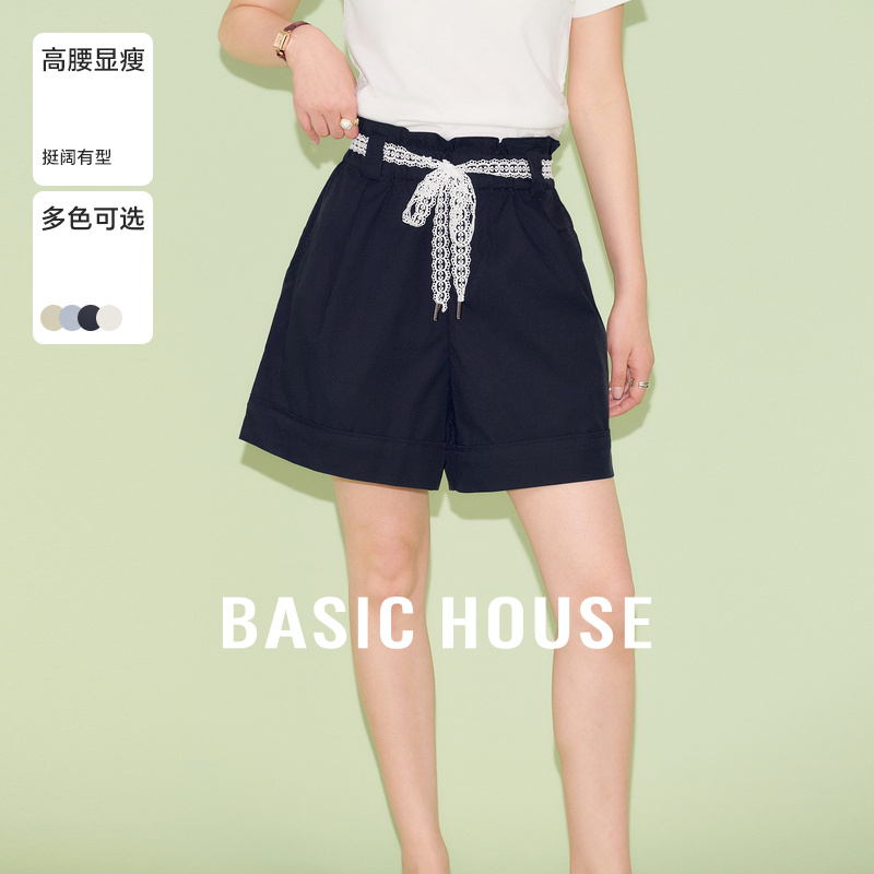 Basic House/百家好可露丽蕾丝系带设计休闲短裤夏新款高腰A字裤