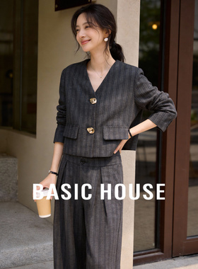 Basic House/百家好早春新款条纹纽扣点缀短外套高腰直筒裤两件套
