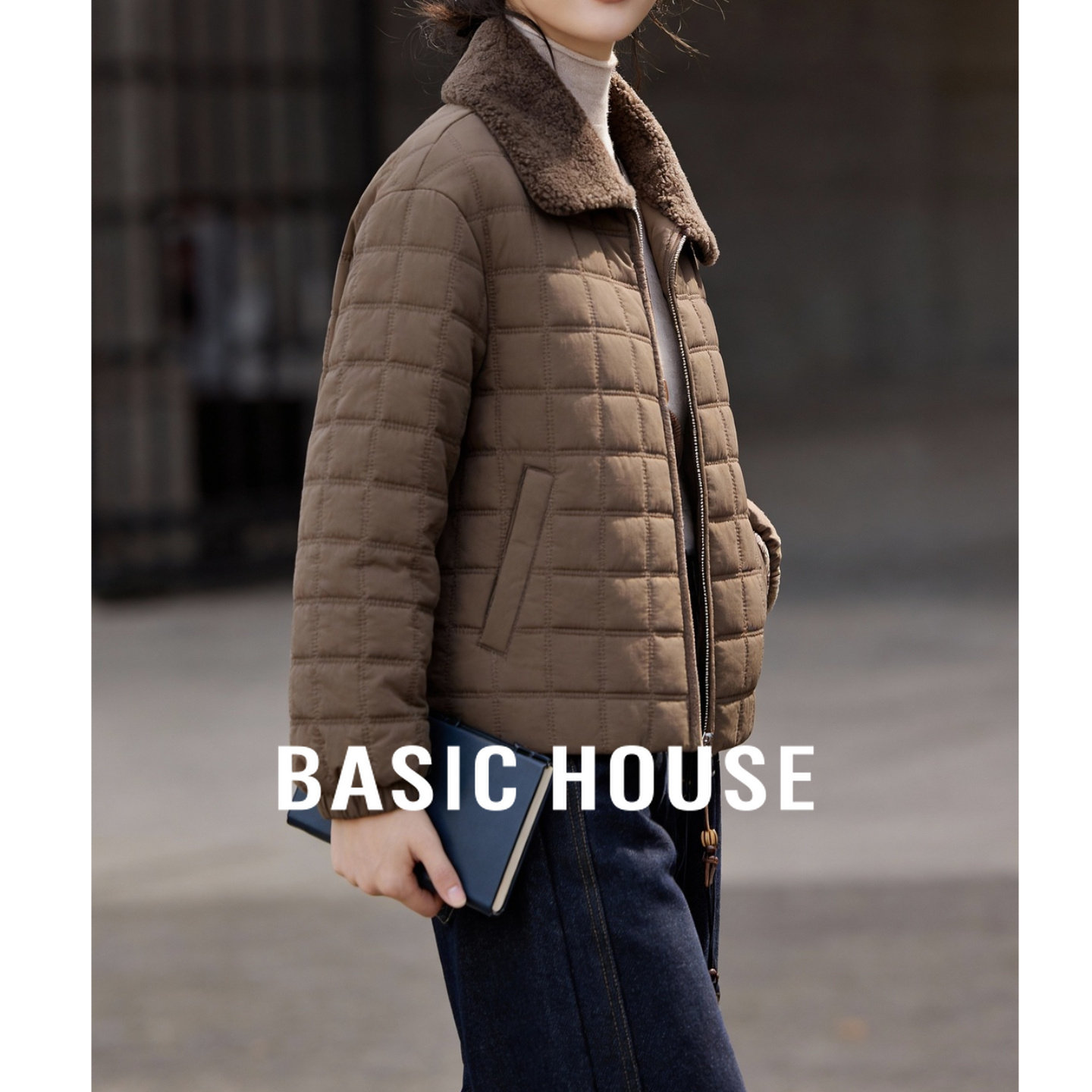 Basic House/百家好毛领格子压线棉服女秋冬新款宽松拉链短款外套,女装/女士精品,棉衣/棉服,淘宝优惠券,粉丝福利购,淘宝优惠卷