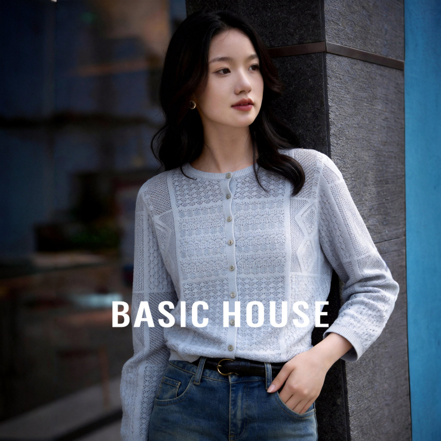 Basic House/百家好慵懒风蓝色镂空针织开衫女夏透气显瘦长袖上衣