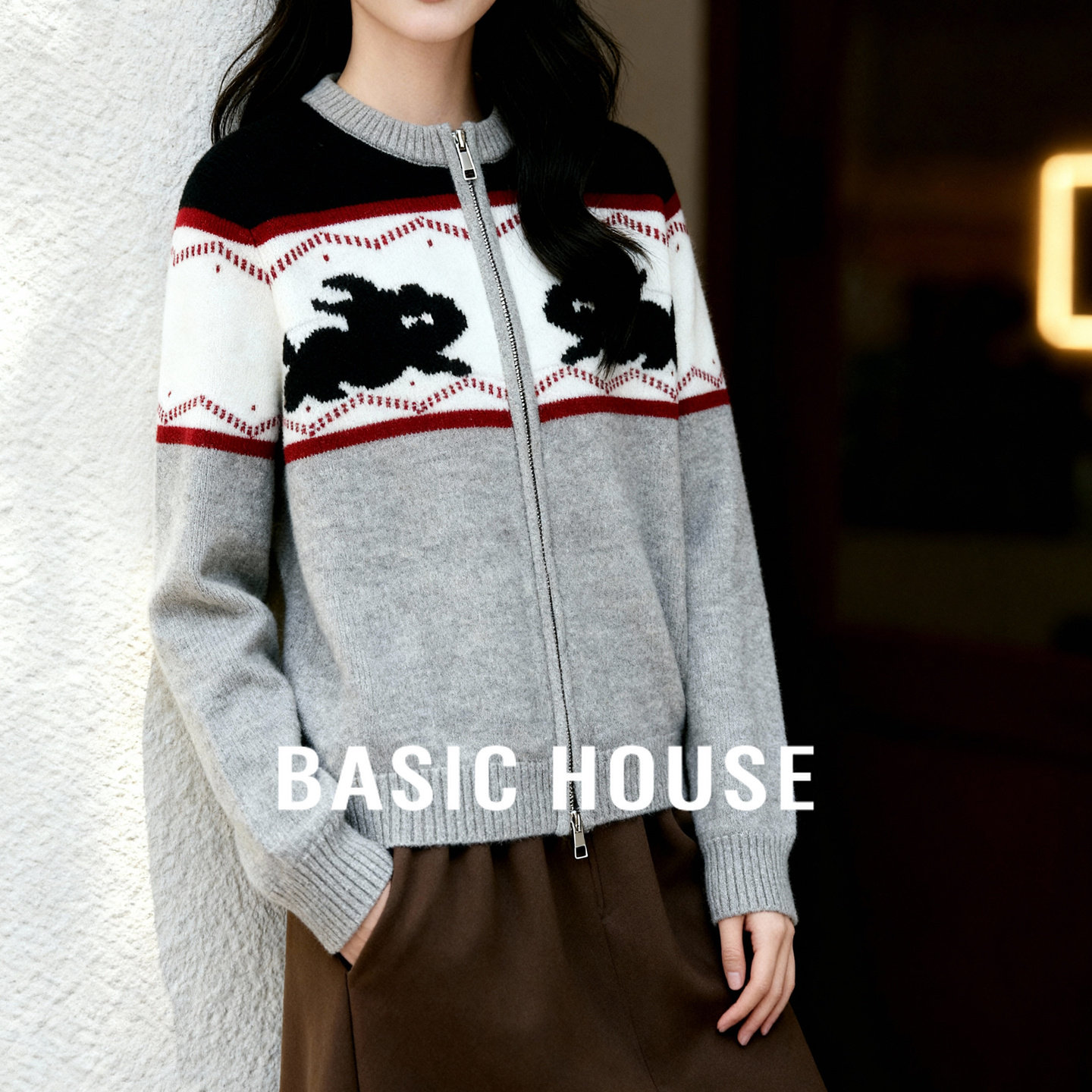 Basic House/百家好卡通图案双头拉链毛衣绵羊毛圆领提花开衫外套,女装/女士精品,毛衣,淘宝优惠券,粉丝福利购,淘宝优惠卷