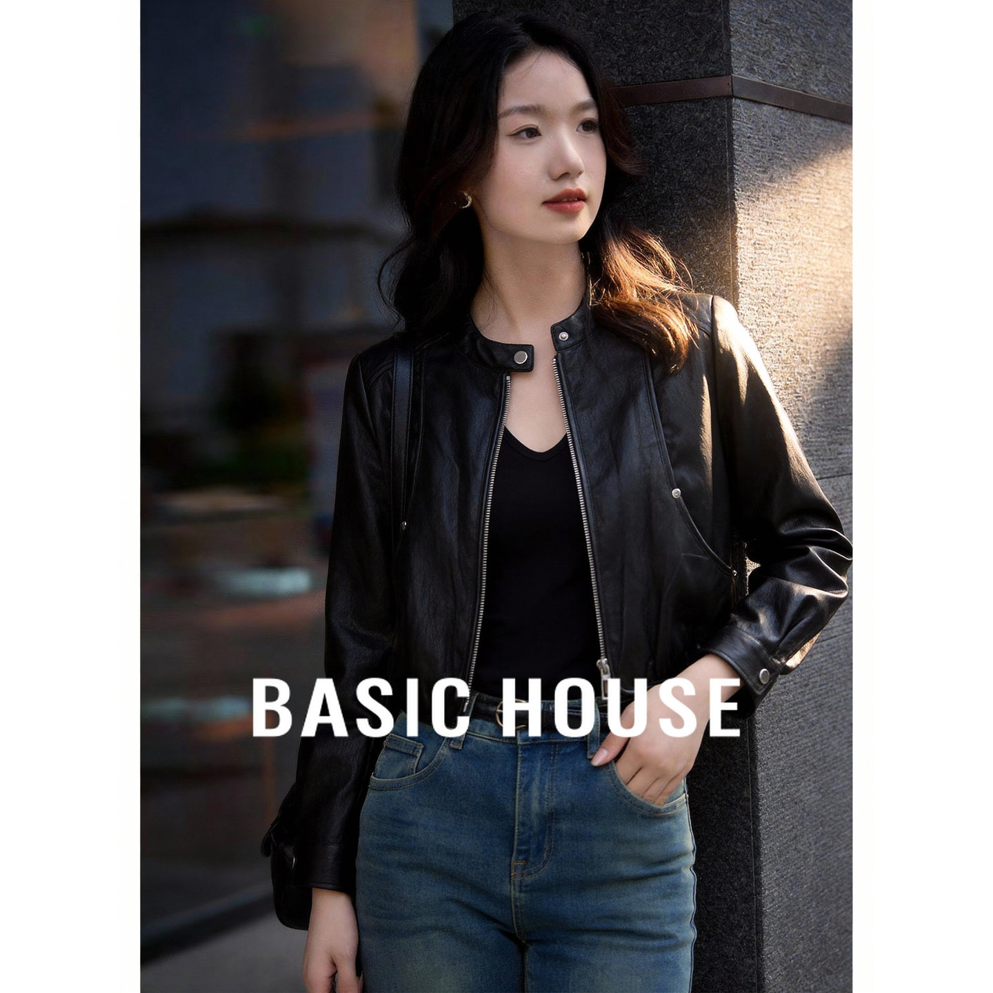 百家好黄色立领短款皮夹克上衣女春季新款机车风拉链开衫短款外套