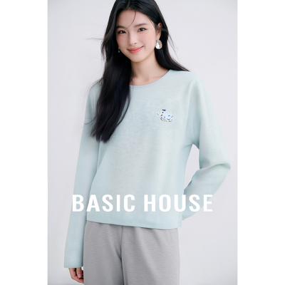 Basic House/百家好圆领短款刺绣设计感针织衫秋新款宽松简约上衣