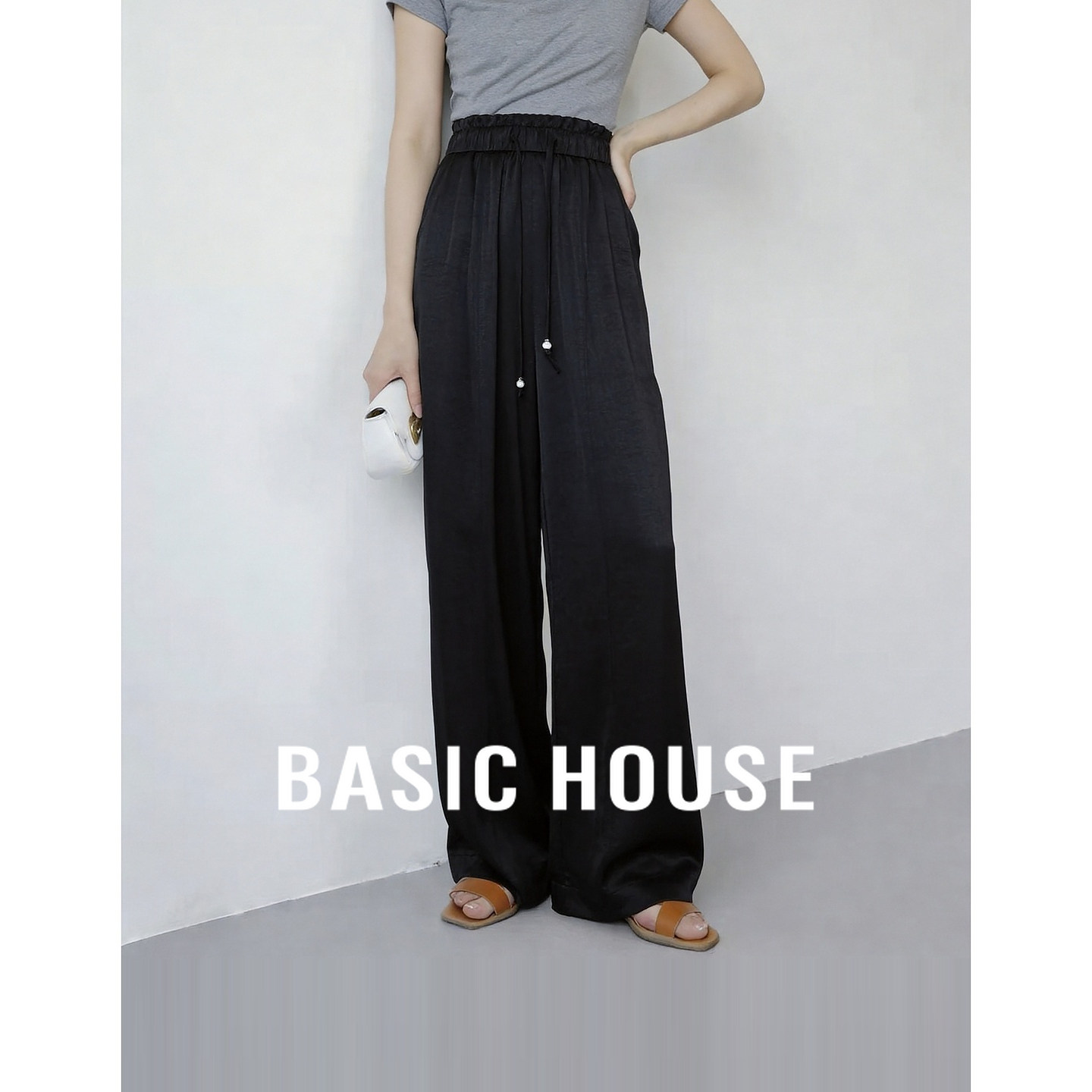 Basic House/百家好休闲垂感高腰抽绳阔腿裤女黑色直筒26夏季长裤