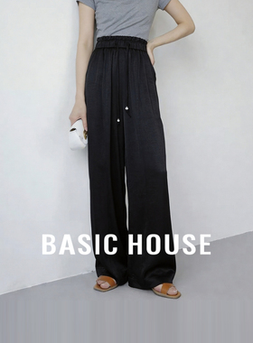 Basic House/百家好休闲垂感高腰抽绳阔腿裤女黑色直筒26夏季长裤