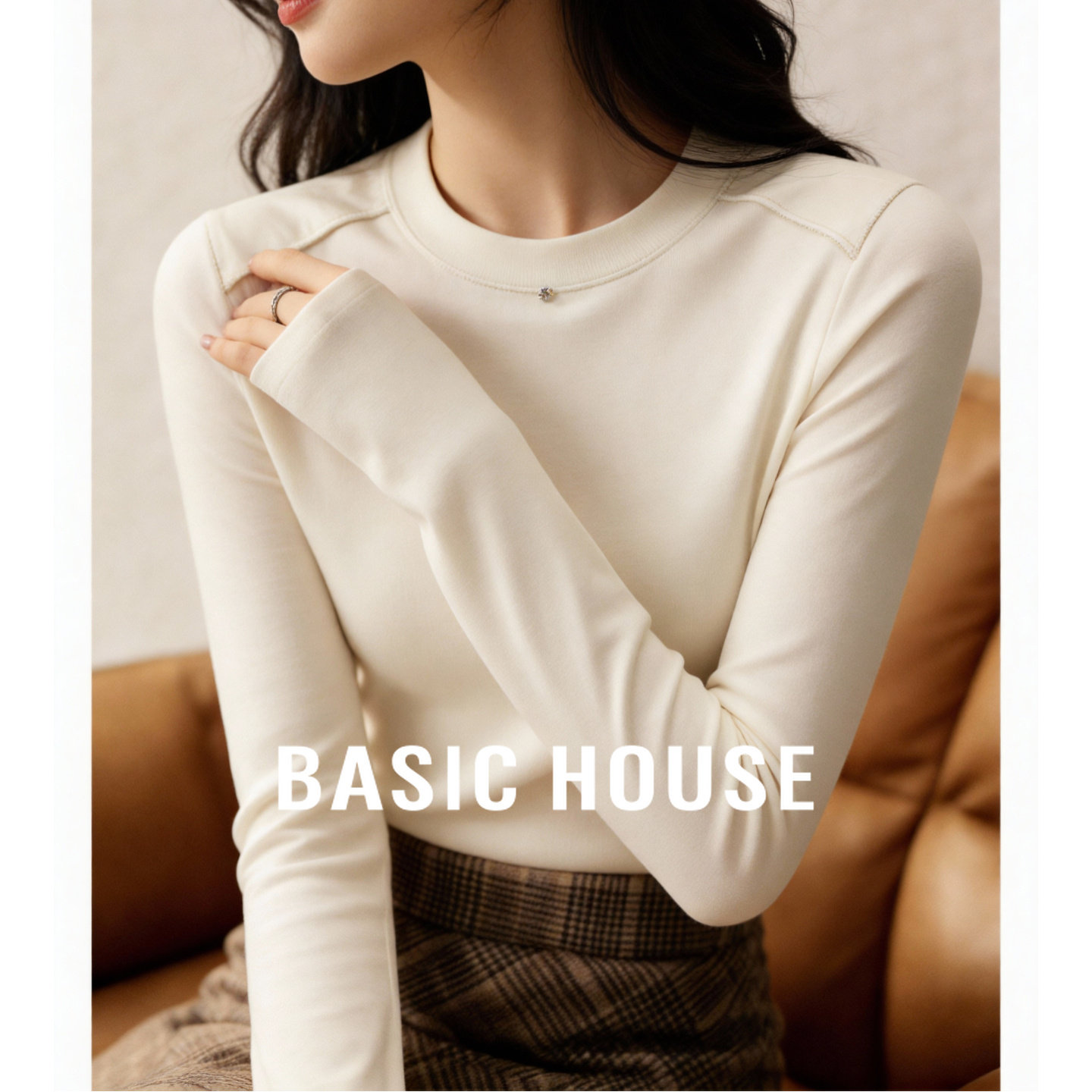 百家好简约套头圆领长袖T恤女冬季新款修身鱼骨线抓绒打底衫上衣