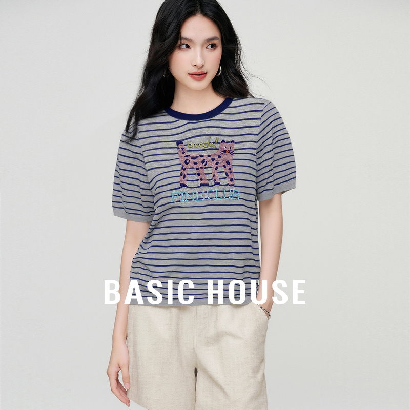 Basic House/百家好条纹童趣上衣夏季新款撞色领口设计短袖针织衫