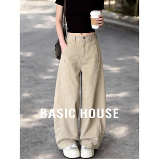 水洗高腰弯刀阔腿休闲裤 Basic 牛仔裤 百家好卡其色工装 26春 House
