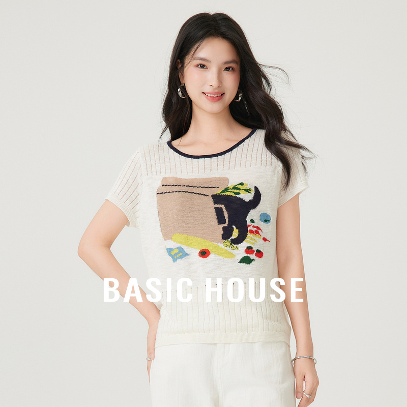 Basic House/百家好趣味猫咪印花短袖针织衫夏季流行撞色镂空上衣