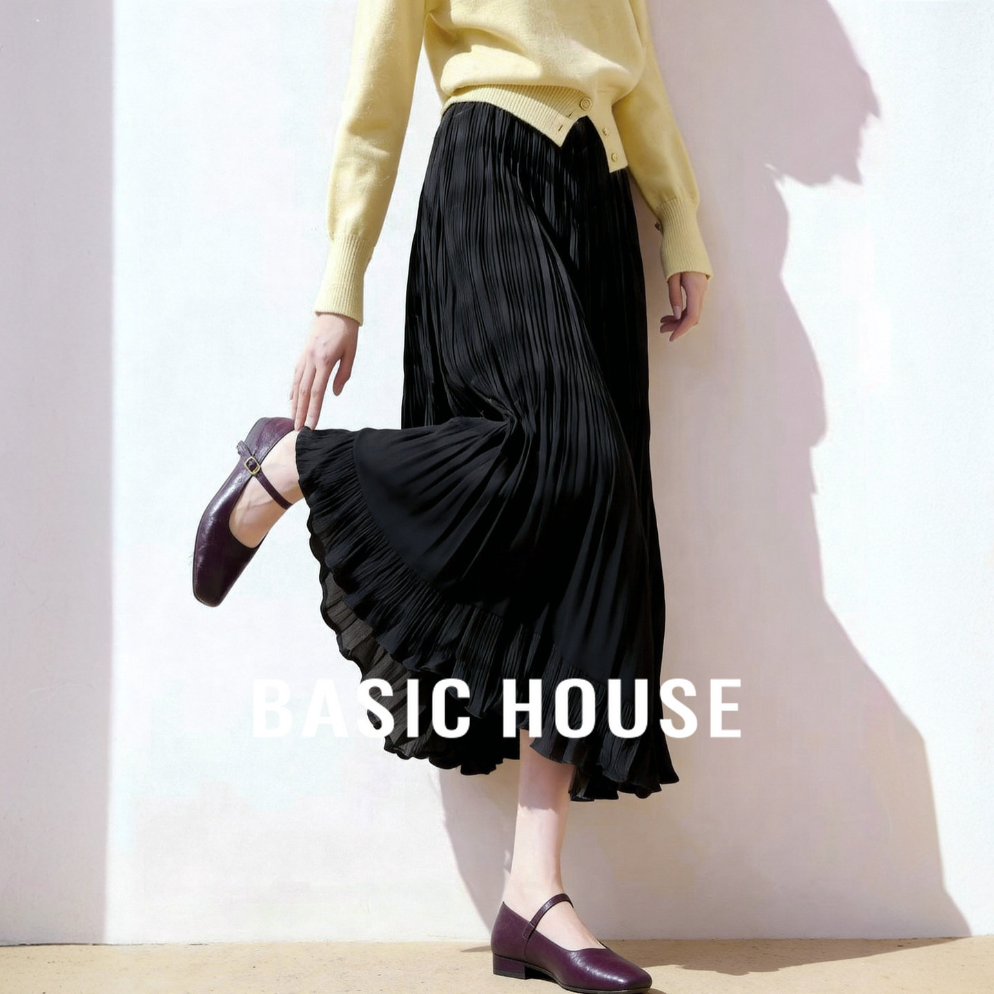 Basic House/百家好网纱风琴百褶半身裙高腰遮胯A字伞裙春夏新款