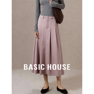 裙 女士垂感中长显瘦A字西装 百家好粉色高腰百褶半身裙子春季 新款