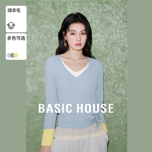 Basic House/百家好秋新款撞色休闲假两件不规则设计感针织衫女