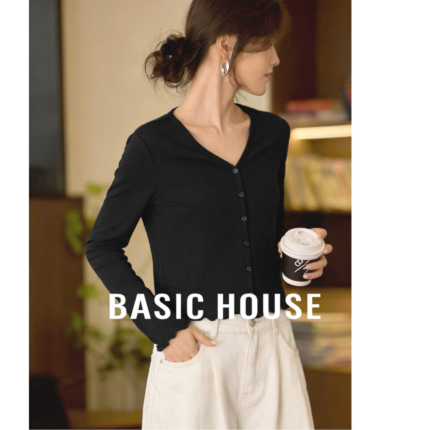 Basic House/百家好v领长袖T恤女春款桑木耳边内搭桑蚕丝打底开衫