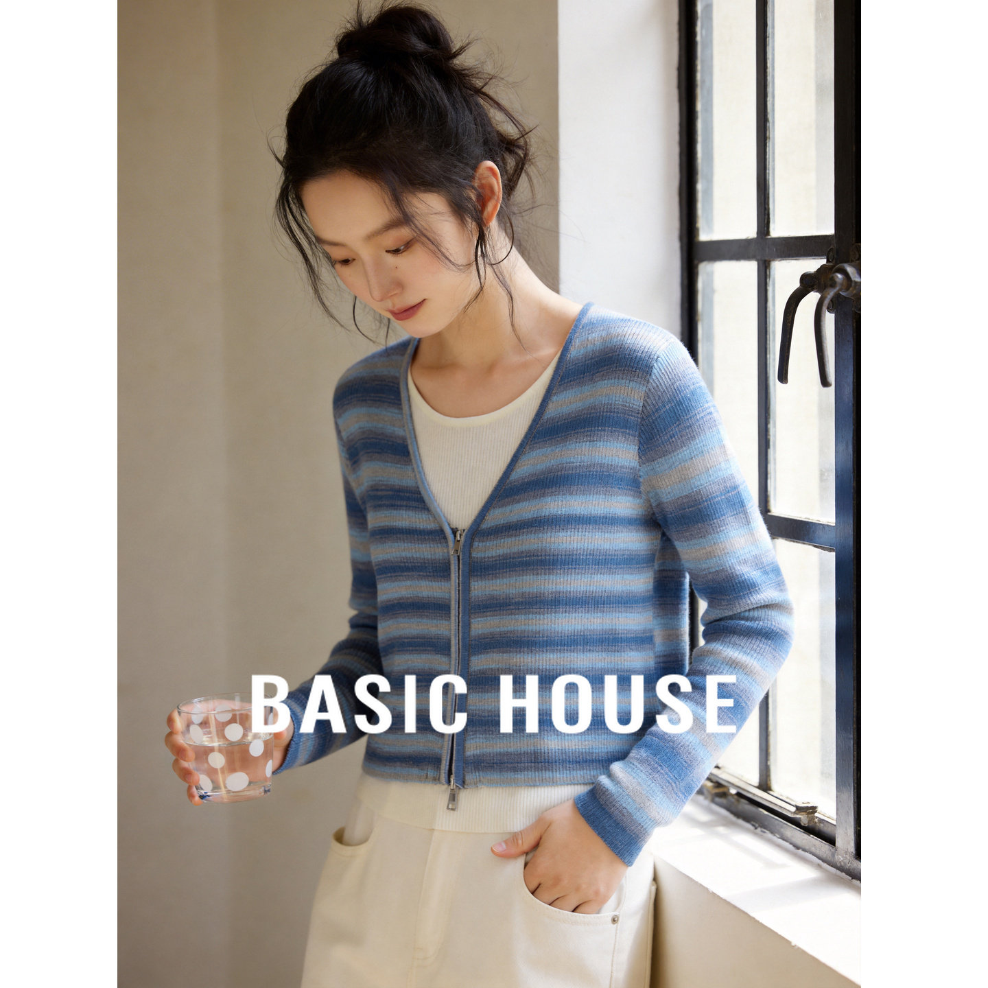 百家好海盐渐变条纹针织开衫女2026春新款假两件设计拉链开衫外套