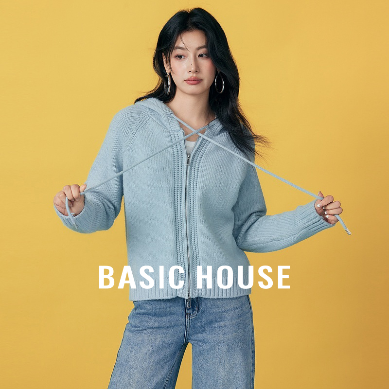 Basic House/百家好连帽双拉链毛衣秋季洋气纯色宽松插肩开衫外套