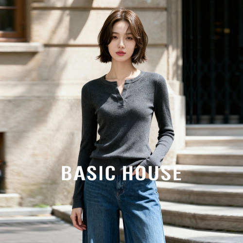 Basic House/百家好简约坑条别致领口设计秋冬百搭修身显瘦针织衫