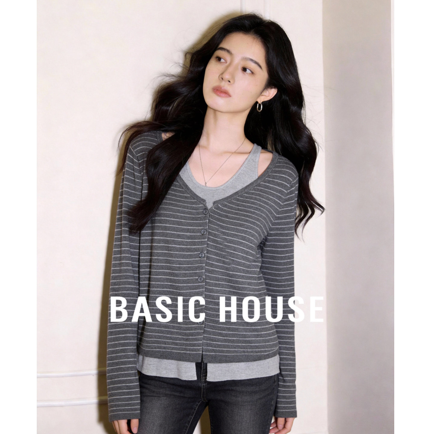 Basic House/百家好细条纹假两件背心开衫春季新款慵懒针织毛衫女