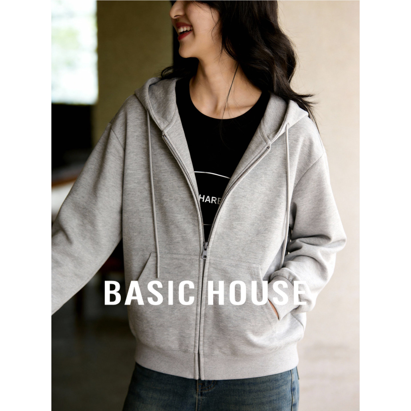 百家好浅灰连帽拉链宽松廓形字母印花上衣慵懒风显瘦百搭休闲卫衣