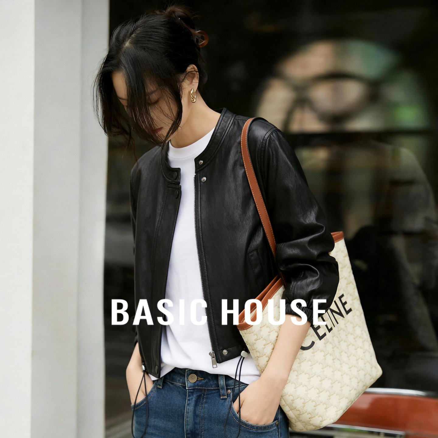 Basic House/百家好韩系质感短款皮衣女春季宽松机车风夹克外套