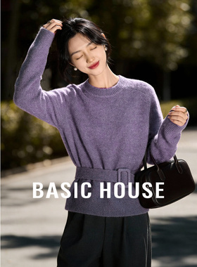 Basic House/百家好紫色圆领毛衣女冬系带束腰设计慵懒风软糯针织