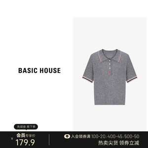 Basic House/百家好彩扣撞色羊毛针织衫夏季新款短袖翻领正肩上衣