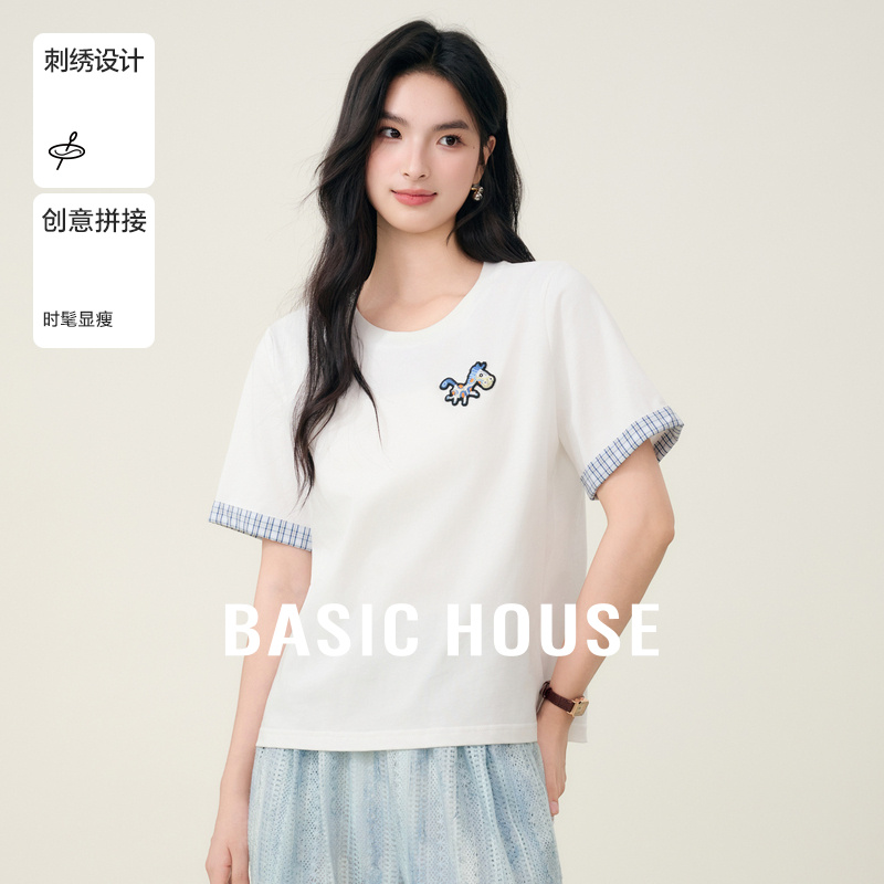 Basic House/百家好拼接袖口刺绣小马设计感夏季新款短袖套头T恤