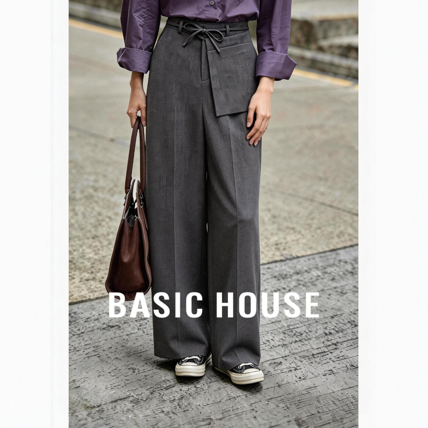 百家好高级灰抽绳腰西装阔腿裤女春季新款垂坠感遮肉显瘦百搭长裤