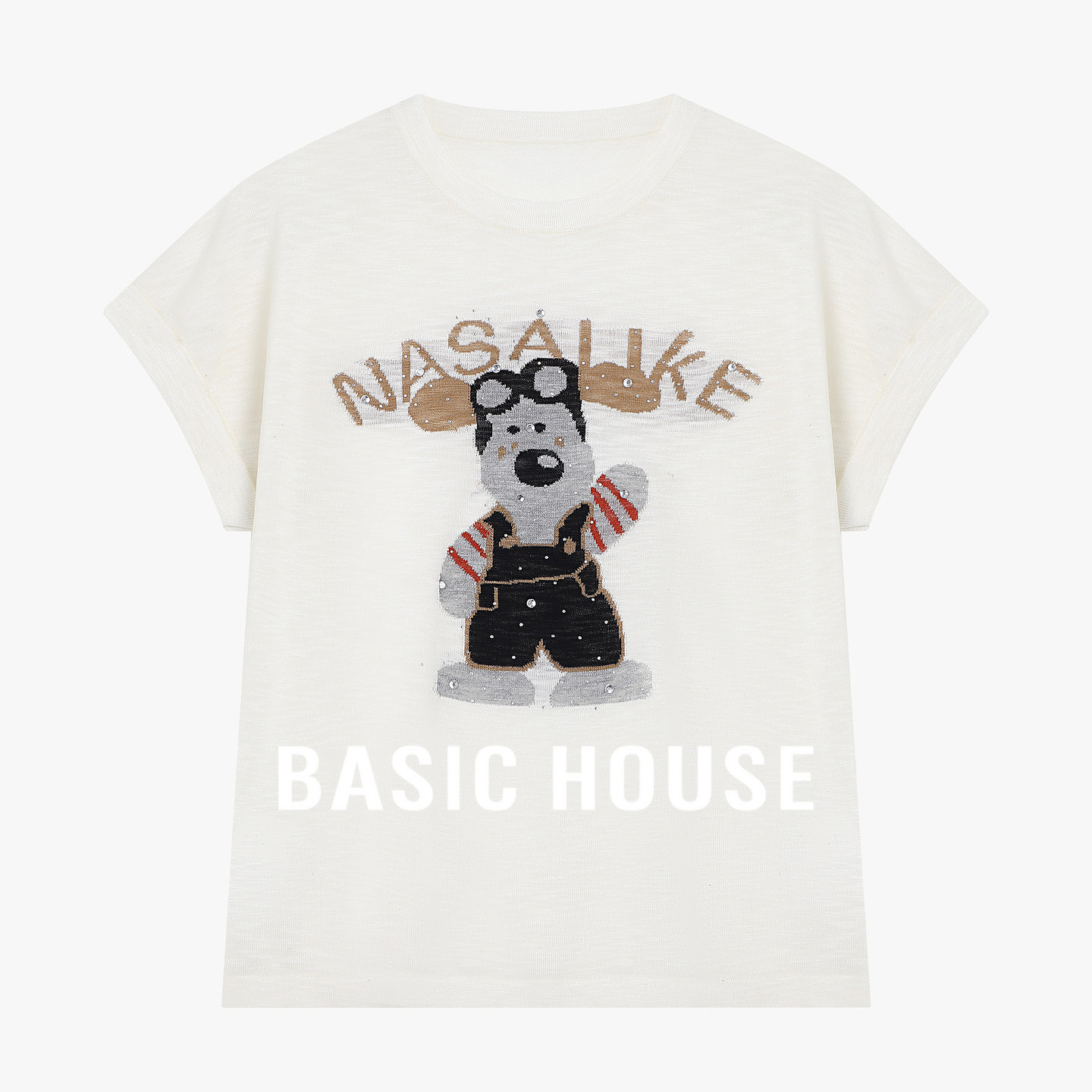 Basic House/百家好卡通小狗图案短袖针织女夏季宽松套头T恤上衣