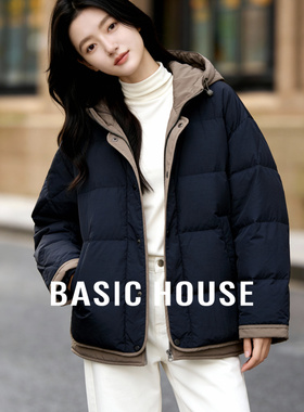 Basic House/百家好连帽撞色羽绒服女冬季小个子短款保暖加厚外套